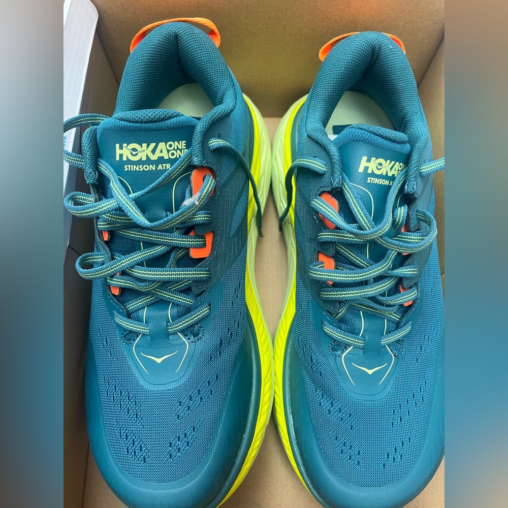 Brand New Hoka One One Stinson ATR 6 Blue and Neon Yellow Shoes, size 9.5
